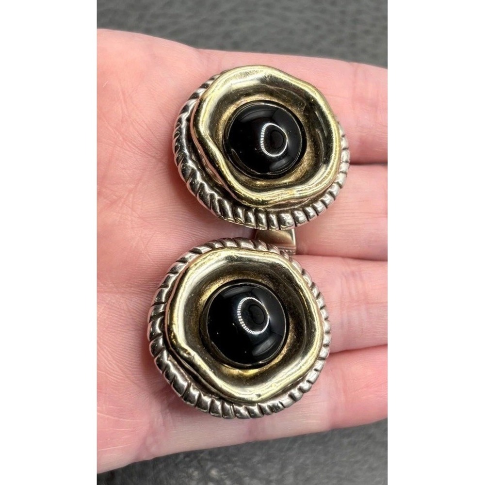 VTG 80s Sterling Silver Black Clip Earrings Two Tone Artisan Handmade Chunky